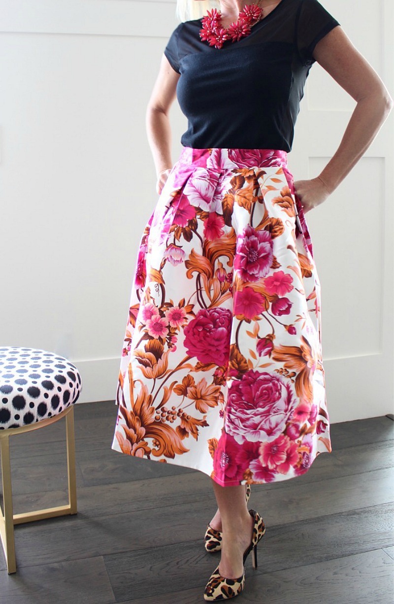 pink-orange-floral-skirt-with-leopard-high-heels