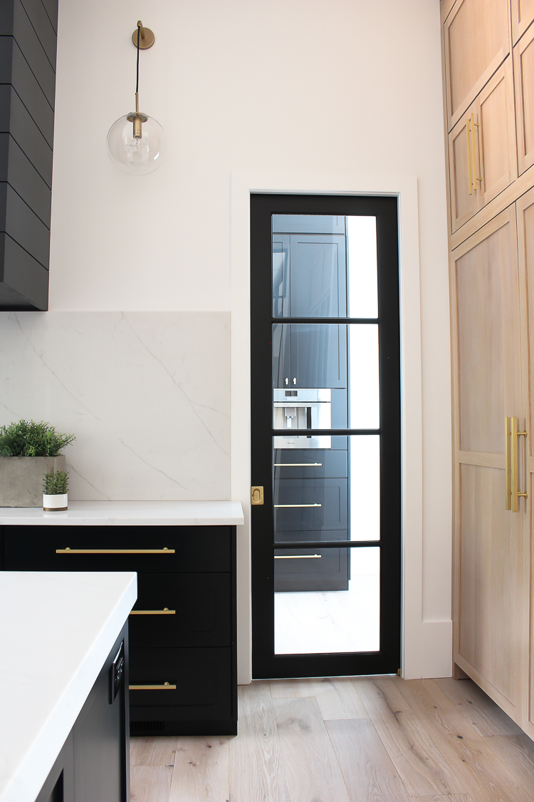 black glass pantry pocket door with steel transoms in modern kitchen