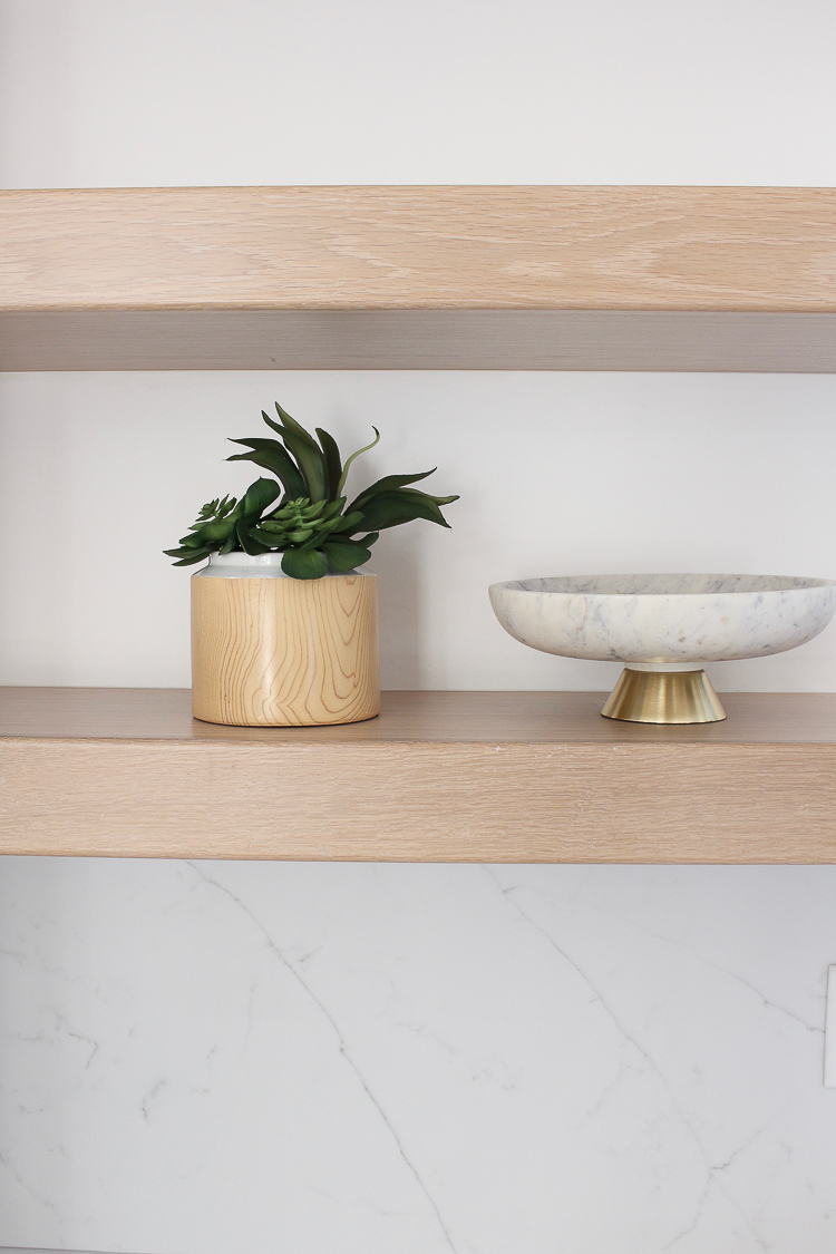 white oak open shelves in kitchen