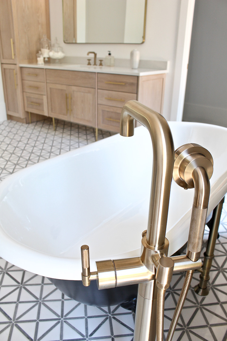 Modern Vintage Bathroom with black clawfoot tub and brass fixtures