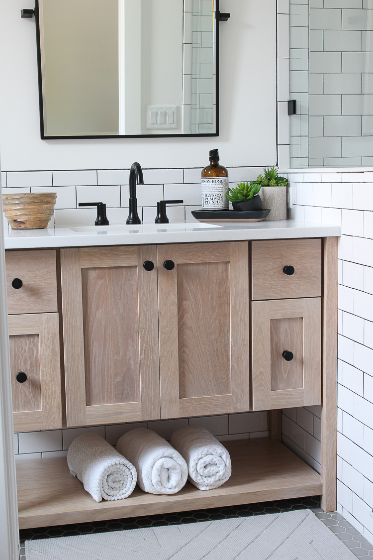 White Subway Tile Bathroom White Oak Vanity 2 