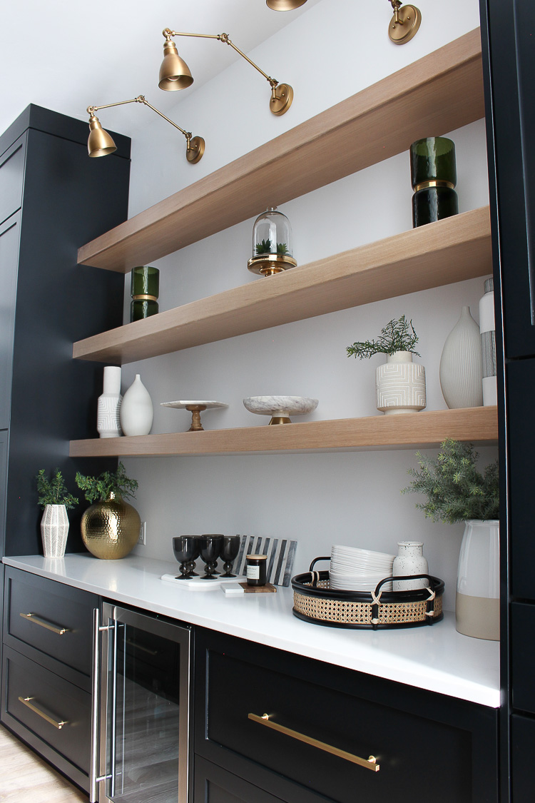 Butlers Pantry Black Cabinets White Oak Floating Shelves Gold Hardware Marble Quartz 