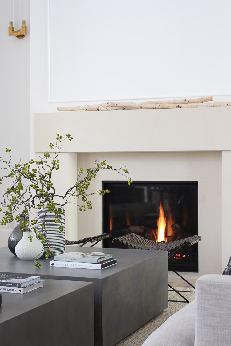 Minimalist living room store with fireplace