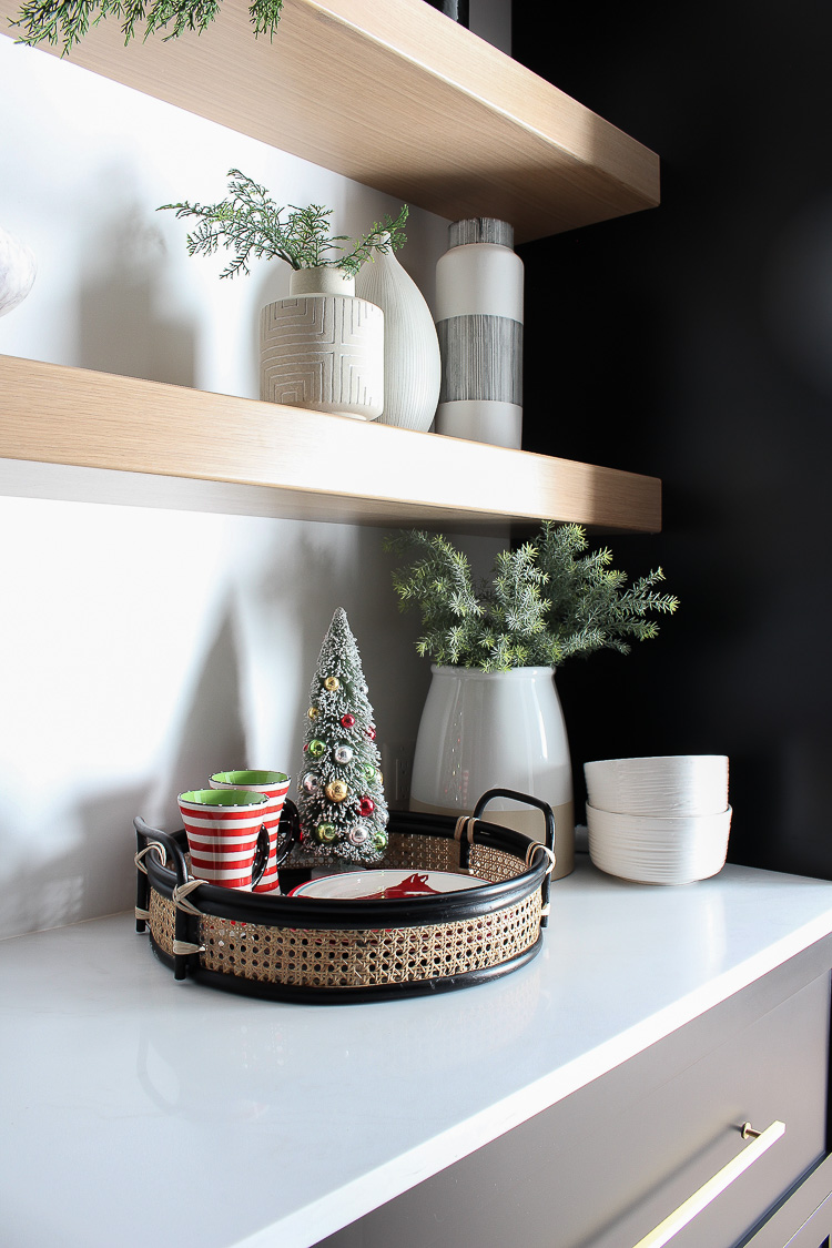 christmas-decorations-butler's-pantry-floating-white-oak-shelves-black-cabinets