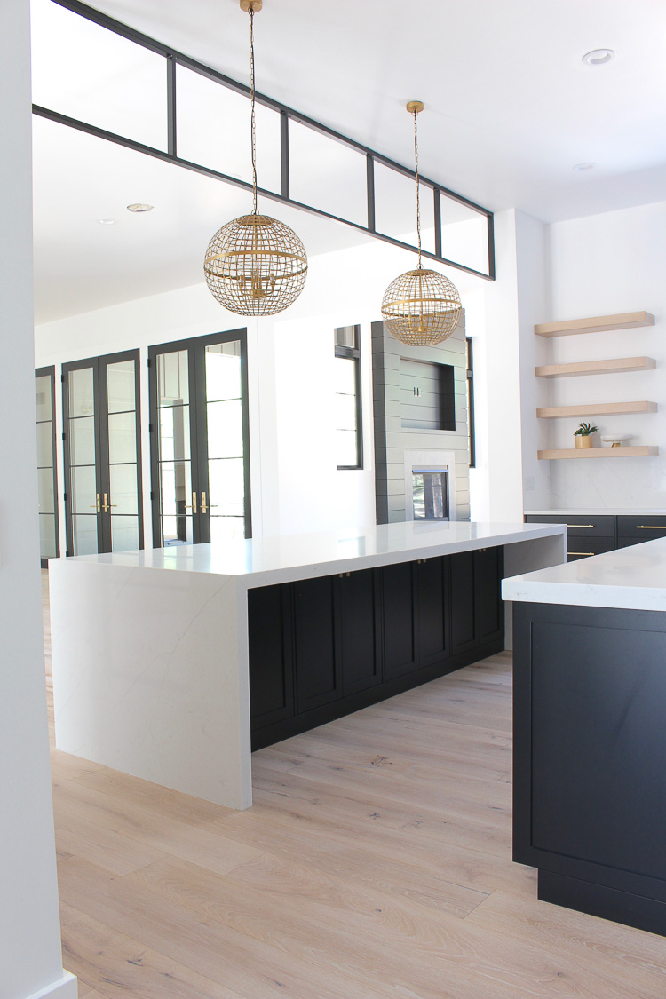 waterfall edge quartz kitchen island