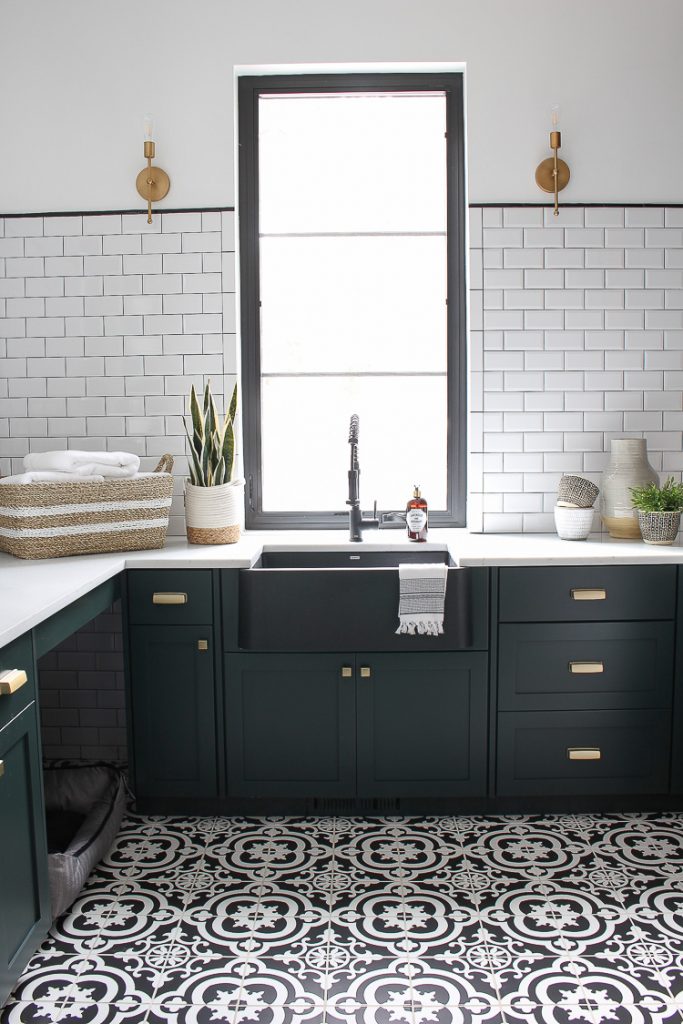 The Laundry/Dog Room: Dark Green Cabinets Layered On Classic Black