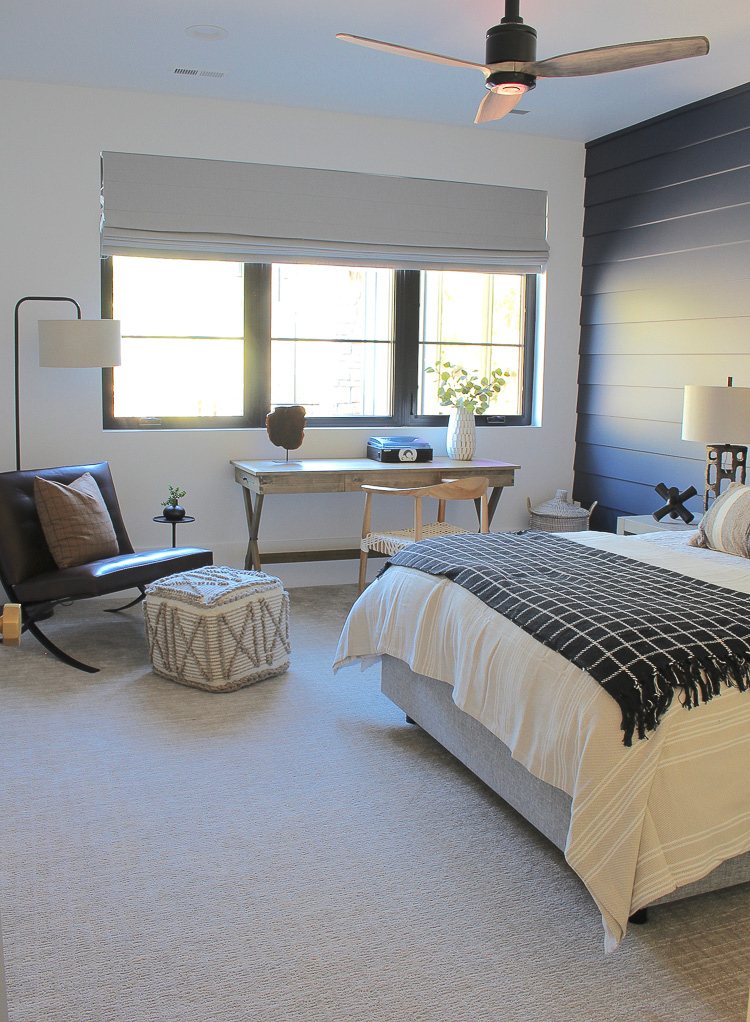 Tailored, cozy, hale navy teen bedroom